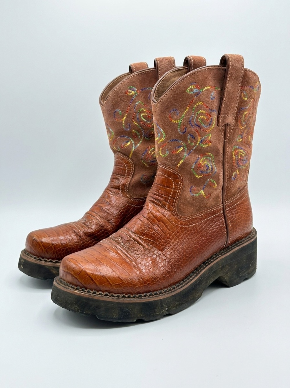 Ariat Brown Leather & Suede Embroidered Western Work Boots